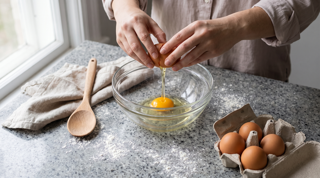 Hands cracking an egg on a speckled stone counter, the look marble coated pans imitate