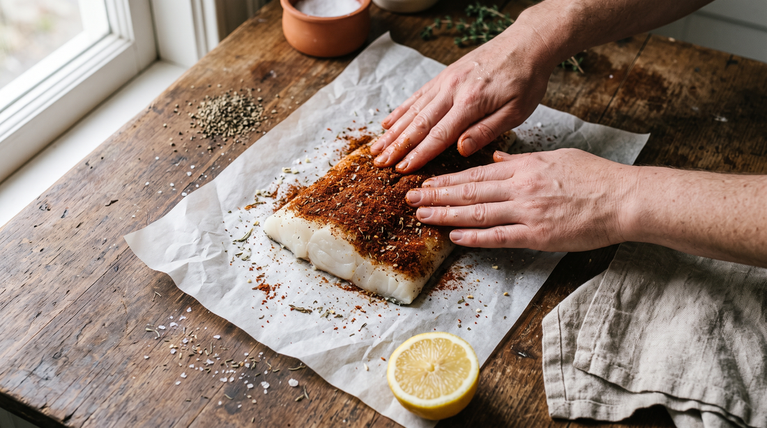 Hands pressing paprika spice blend onto a fish fillet before blackening fish in a titanium pan