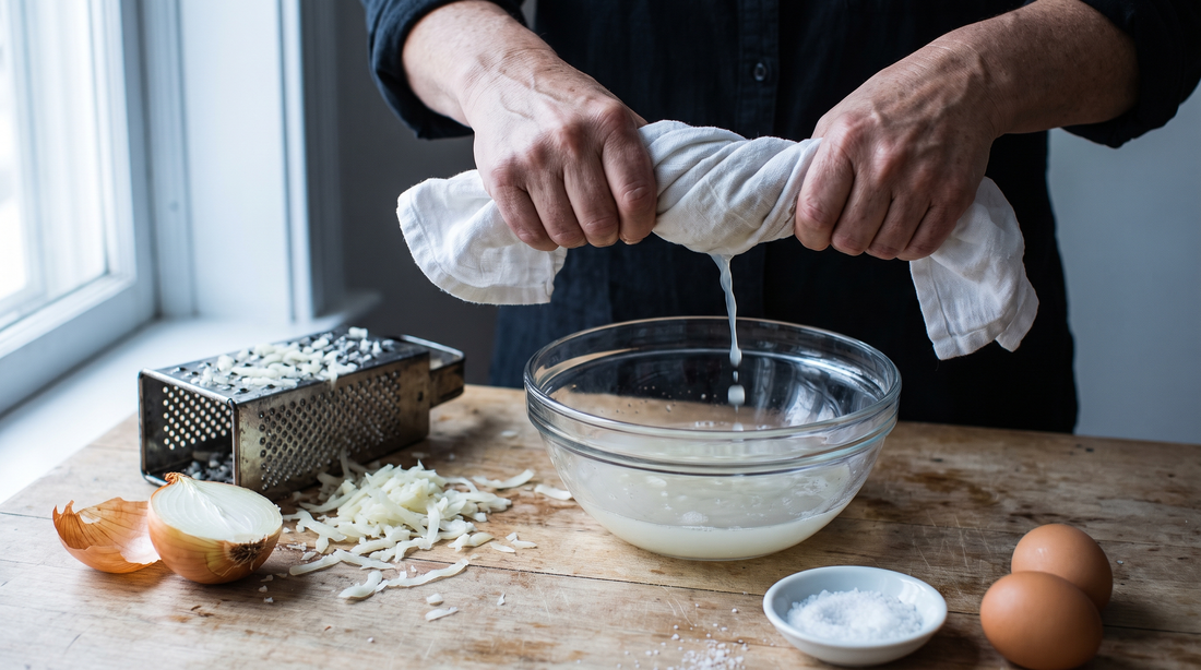 Hands squeezing liquid from grated potato in a towel before frying latkes in a titanium pan