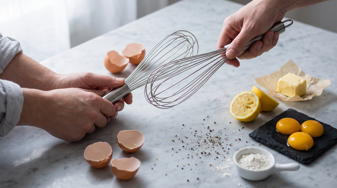Hands holding a steel balloon whisk beside eggs, butter and lemon, prep for whisking in a titanium saucepan