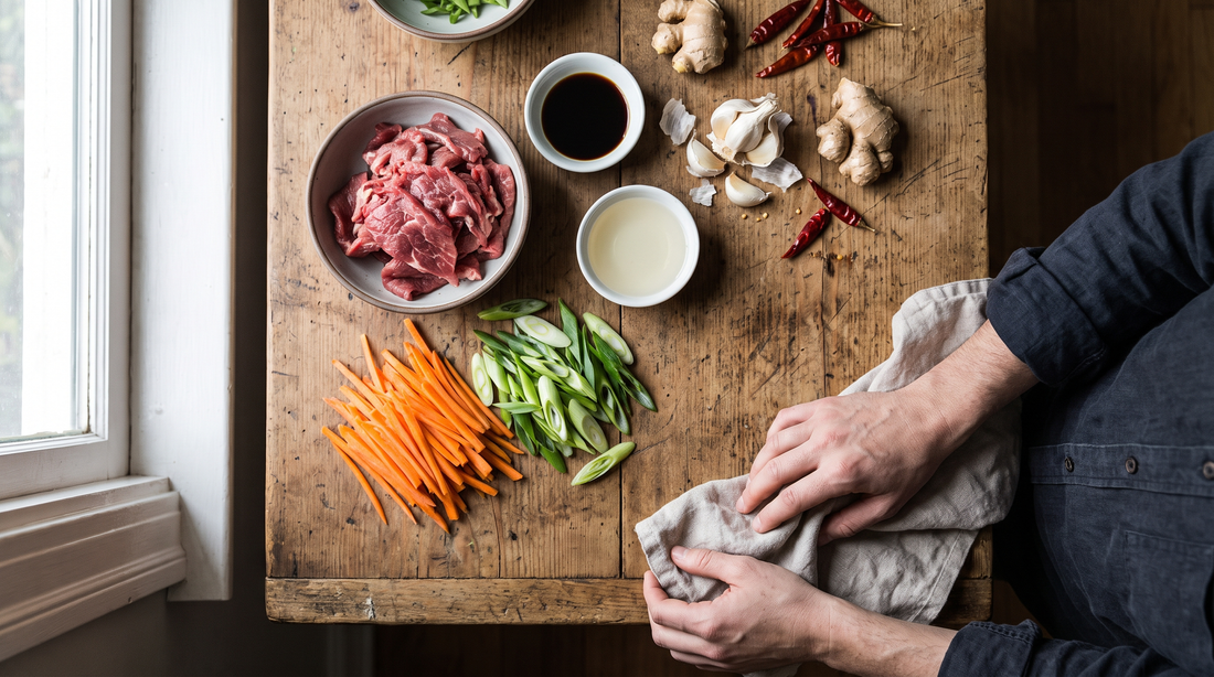 Sliced beef, scallions, ginger and garlic prepped for stir frying in a titanium wok