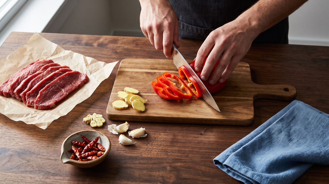 Sliced beef, scallions and ginger prepped for a titanium wok vs carbon steel wok stir-fry test