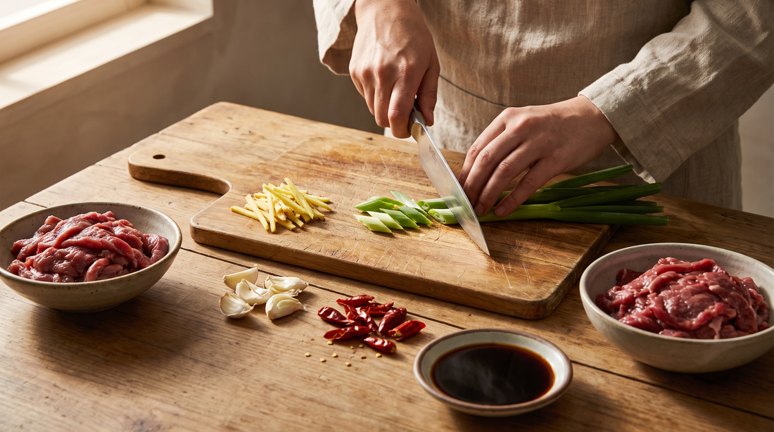Hands slicing scallions beside ginger and chilies, stir-fry prep for choosing a wok spatula