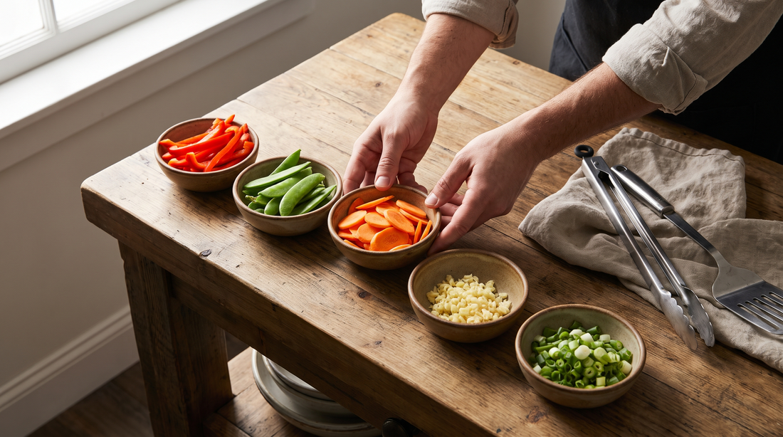 Stir fry utensil setup with long tongs, a turner and prepped vegetable bowls on a counter