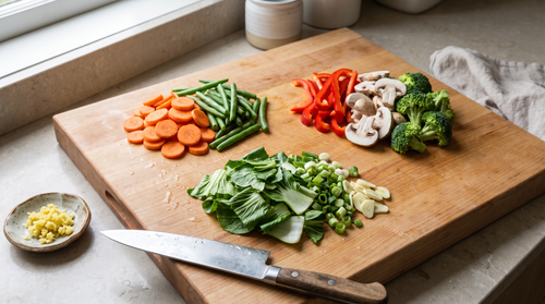 Vegetable stir fry ingredients sorted into three piles by cooking time on a wooden board