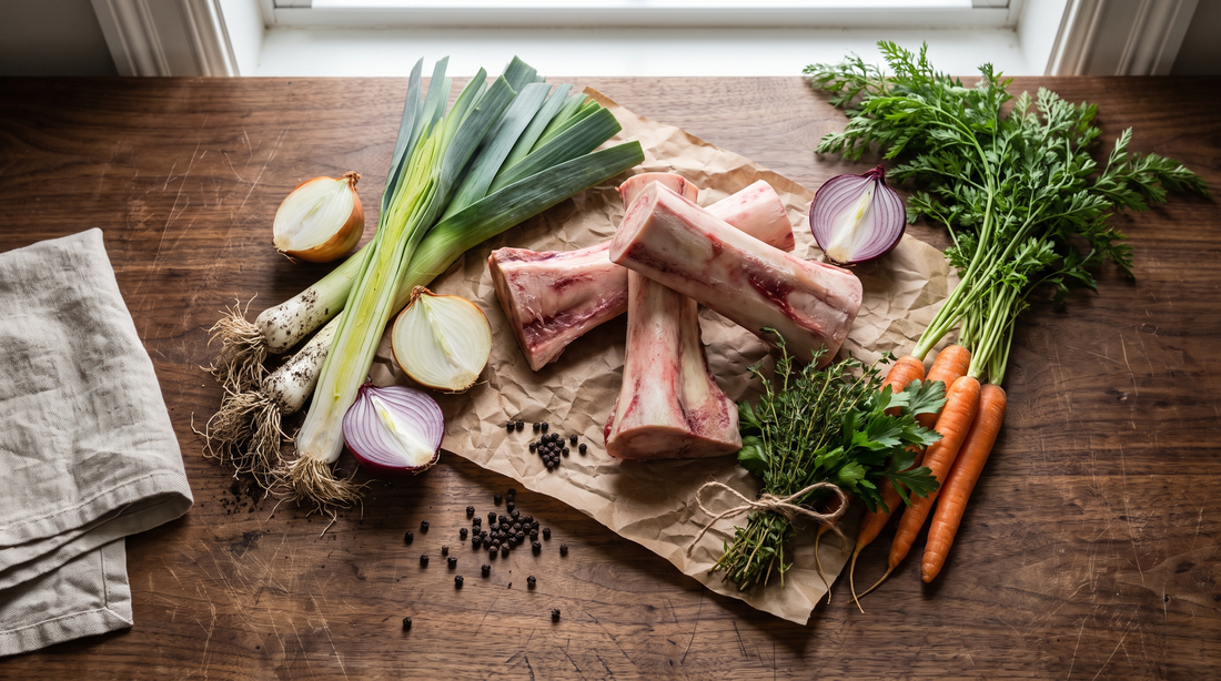 Stock ingredients on a wood counter for a titanium vs enameled steel pots soup comparison