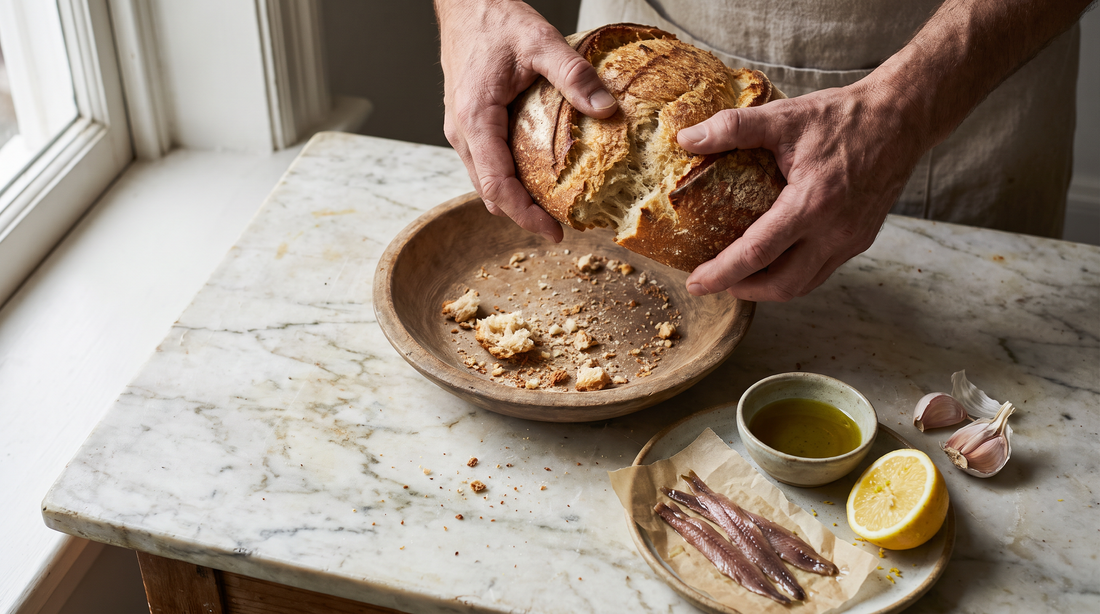Hands tearing day-old bread into coarse crumbs to toast breadcrumbs for pasta, with olive oil and garlic