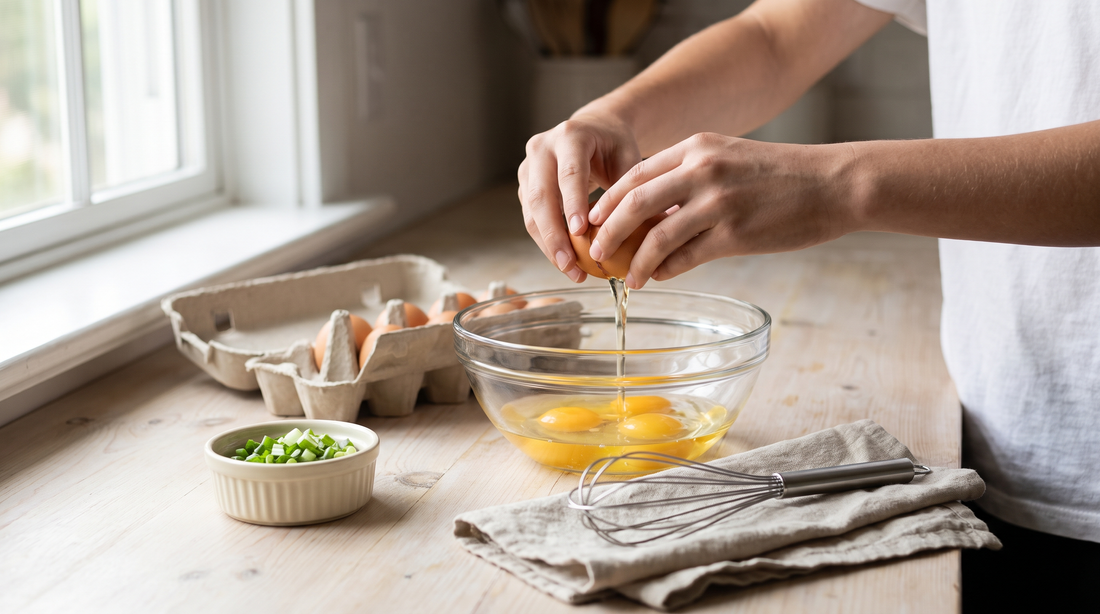 Teen hands cracking eggs into a glass bowl, cookware for kids learning to cook