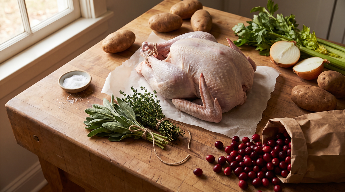 Thanksgiving cookware prep: raw turkey, sage, cranberries and potatoes laid out on a wooden counter