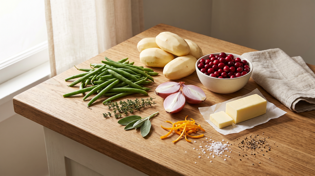 Ingredients for stovetop Thanksgiving side dishes on an oak counter: green beans, potatoes, cranberries