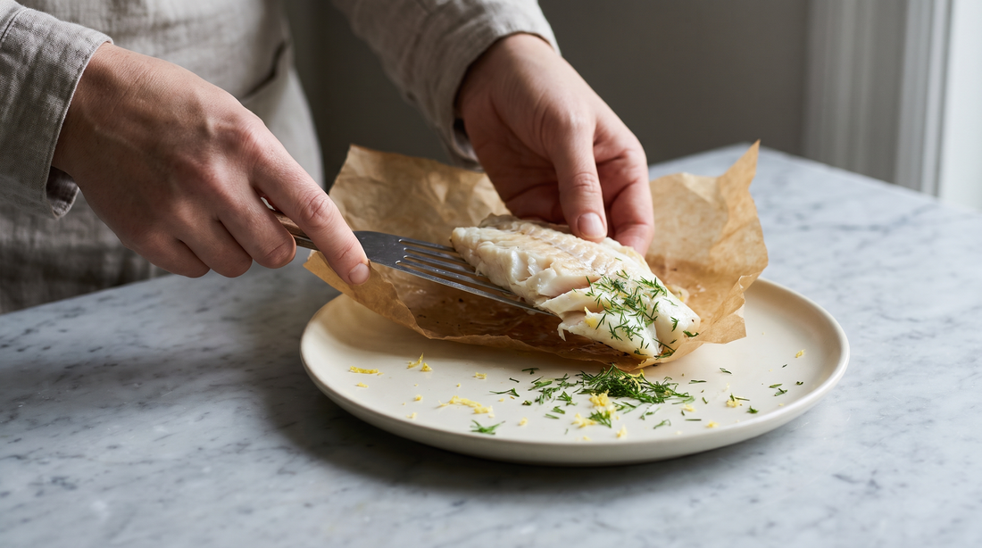 Hands using a thin slotted turner to lift a flaky fish fillet, the spatula shape made for delicate food