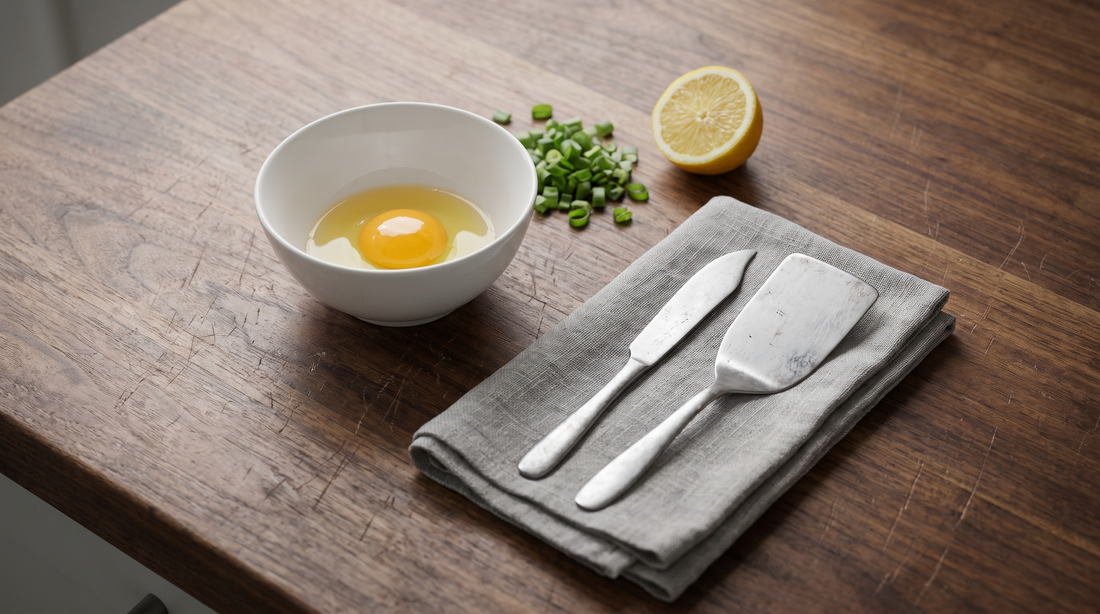 Titanium spatulas resting on linen beside cracked eggs and chopped scallions on a wooden counter