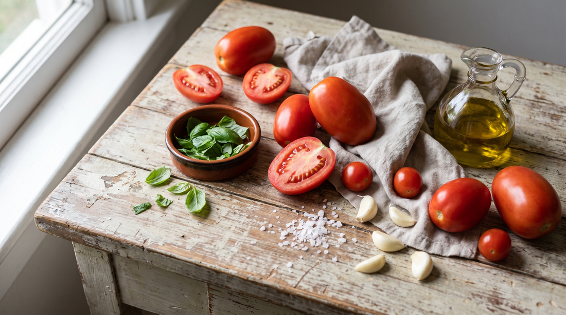Plum tomatoes, basil and garlic prepped on a wooden counter to reduce tomato sauce without burning