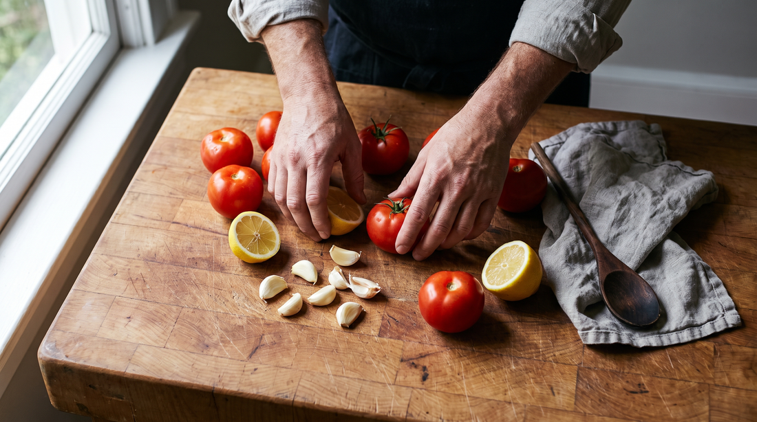 Hands sorting tomatoes, lemons and garlic, the acidic foods that matter most with a chipped enamel pot
