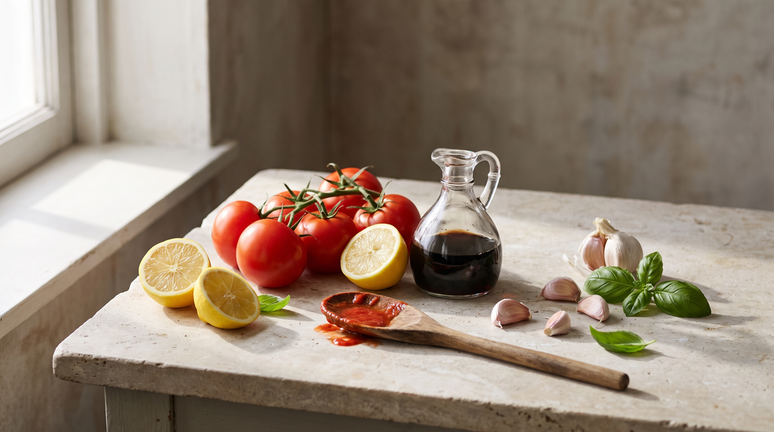 Tomatoes, lemons and vinegar on a counter, acidic foods to avoid when aluminum under nonstick coating shows
