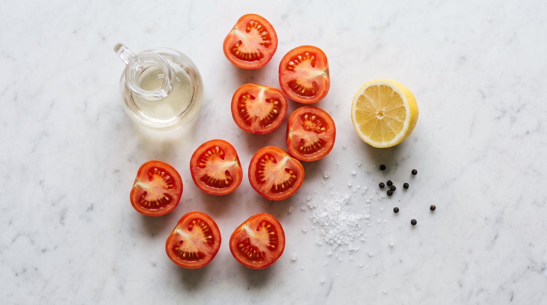 Acidic foods that affect chromium in stainless steel cookware: tomatoes, vinegar and lemon on marble