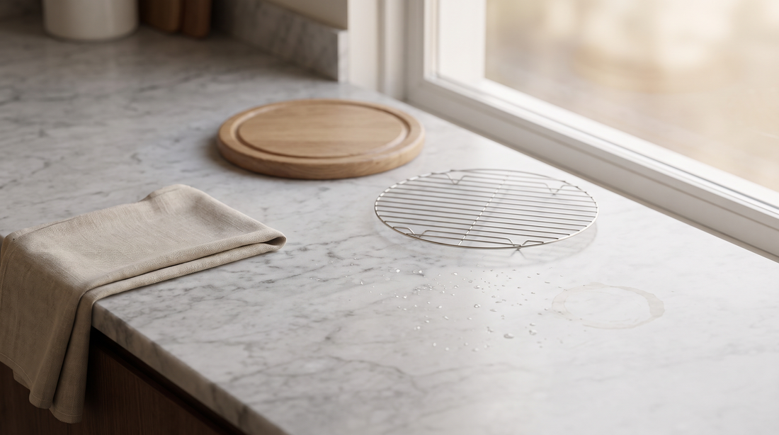 Wooden trivet, wire rack and water droplets on a counter, the setup used to rest a hot lid