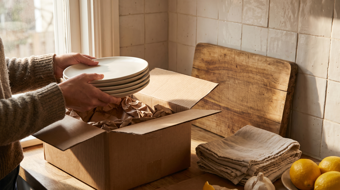 Hands unpacking plates beside a cutting board and lemons, housewarming gift ideas for a new kitchen