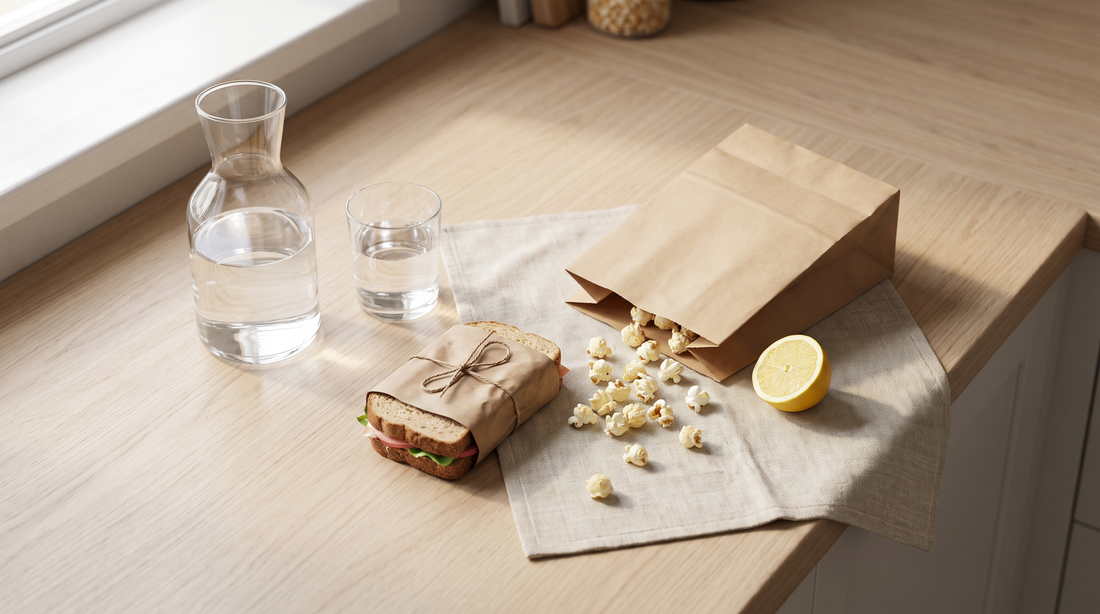 Water glass and plain paper-wrapped food showing where PFAS exposure comes from in a home kitchen