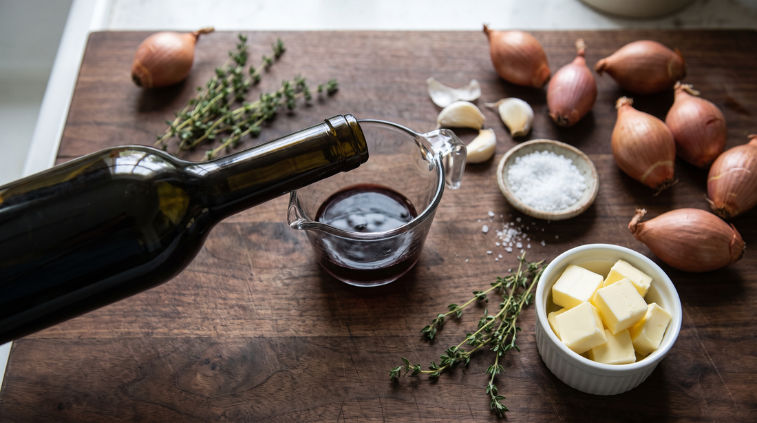 Red wine poured into a glass measuring cup beside shallots and thyme for reducing a wine sauce