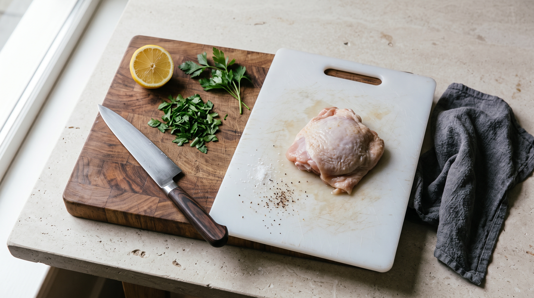 Hardwood and scratched plastic cutting boards side by side, part of the wood vs plastic cutting board bacteria question