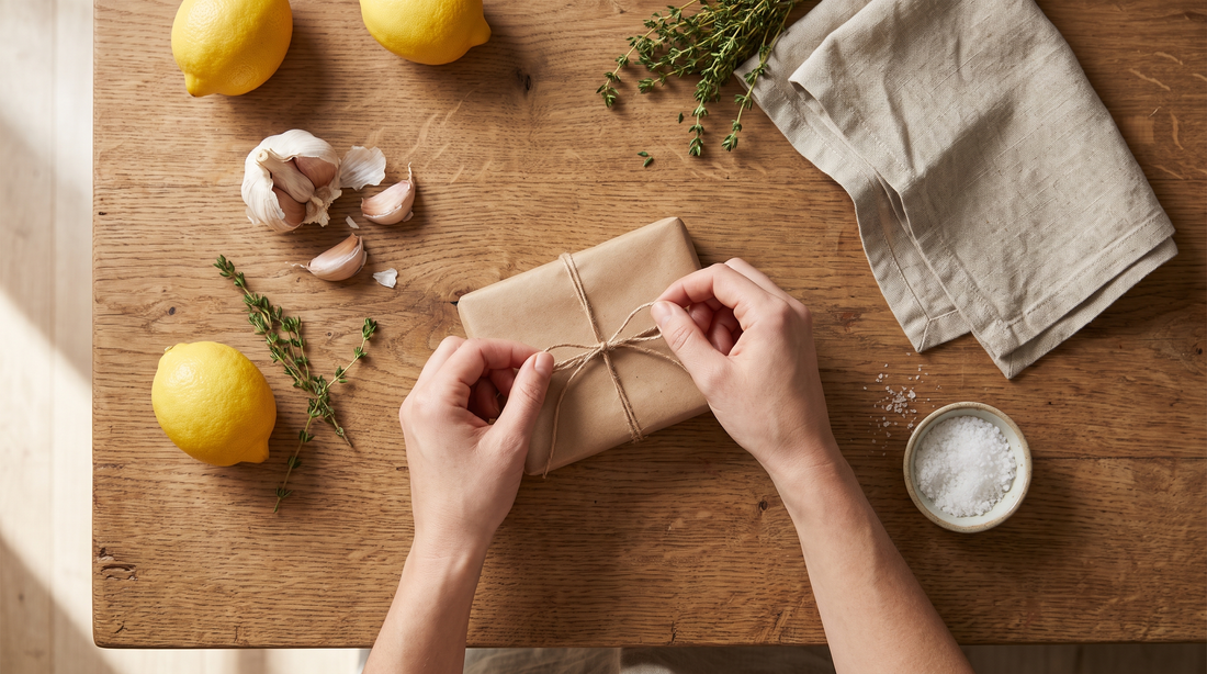 Hands wrapping non toxic kitchen gift ideas in brown paper beside lemons, garlic and fresh thyme